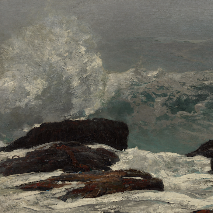 Winslow Homer, Maine Coast, a painting of rough ocean waves crashing at a rock