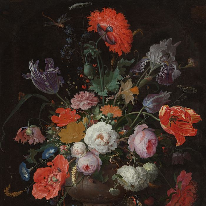 Abraham Mignon, Still Life with Flowers and a Watch showing colorful flowers in a pot with a black background.