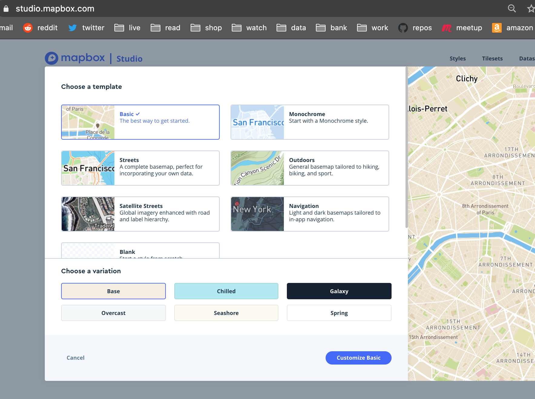 Screenshot of Mapbox choosing a template