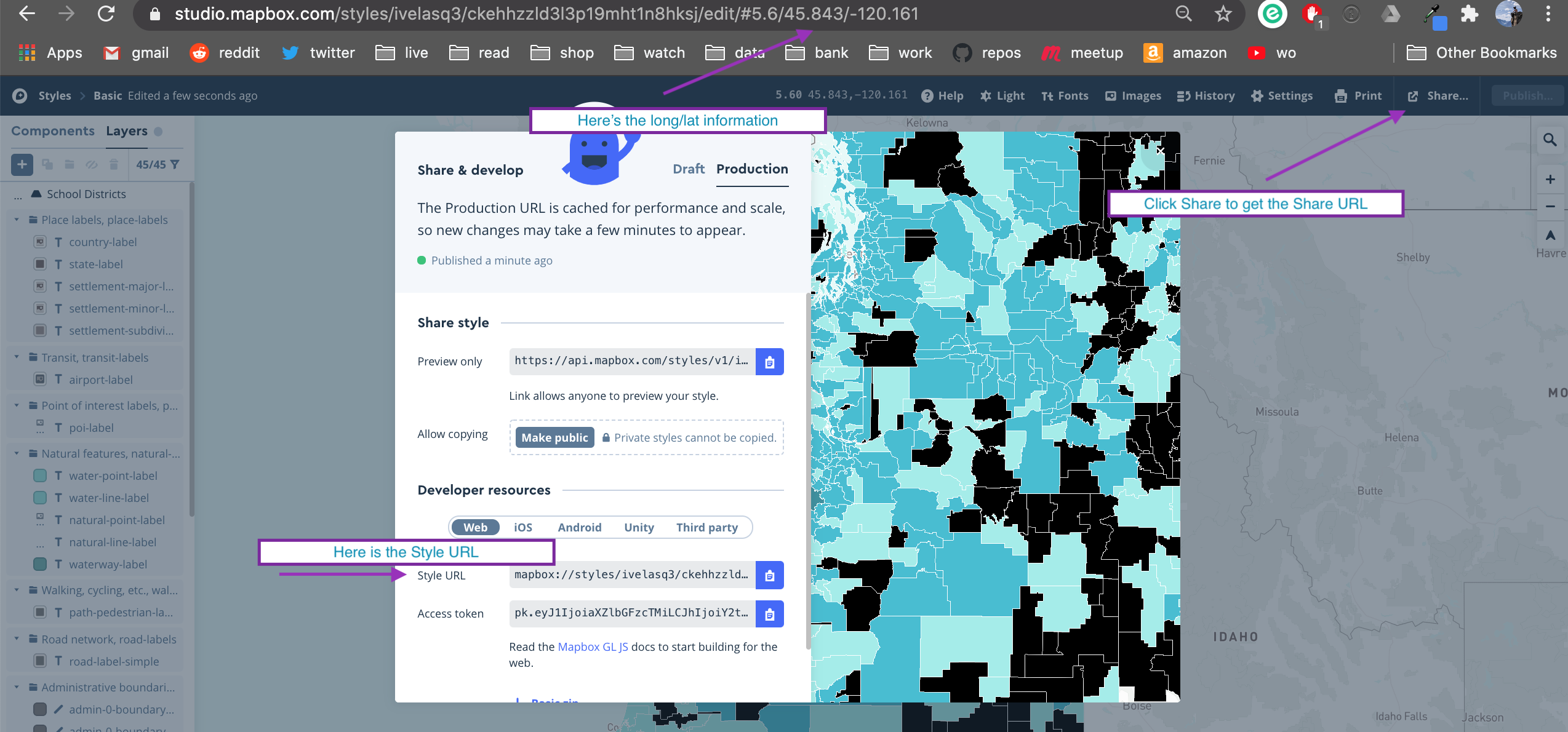 Screenshot of Mapbox sharing a map