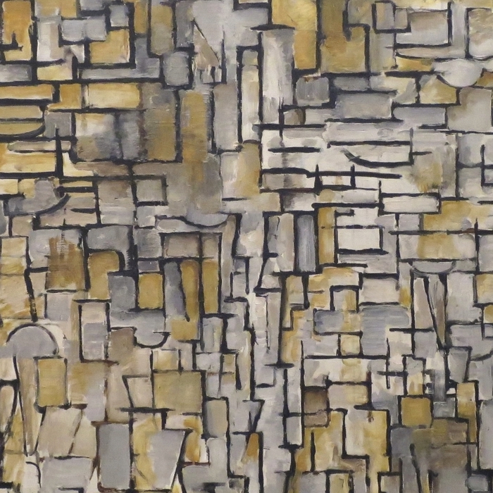 Piet Mondrian, Tableau No. 2, an abstract painting of black rectangles on a yellow background