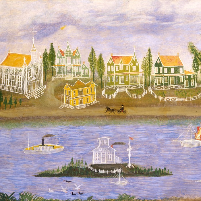 Village by the River, fourth quarter 19th century painting of a town showing green and yellow houses and a white church and trees