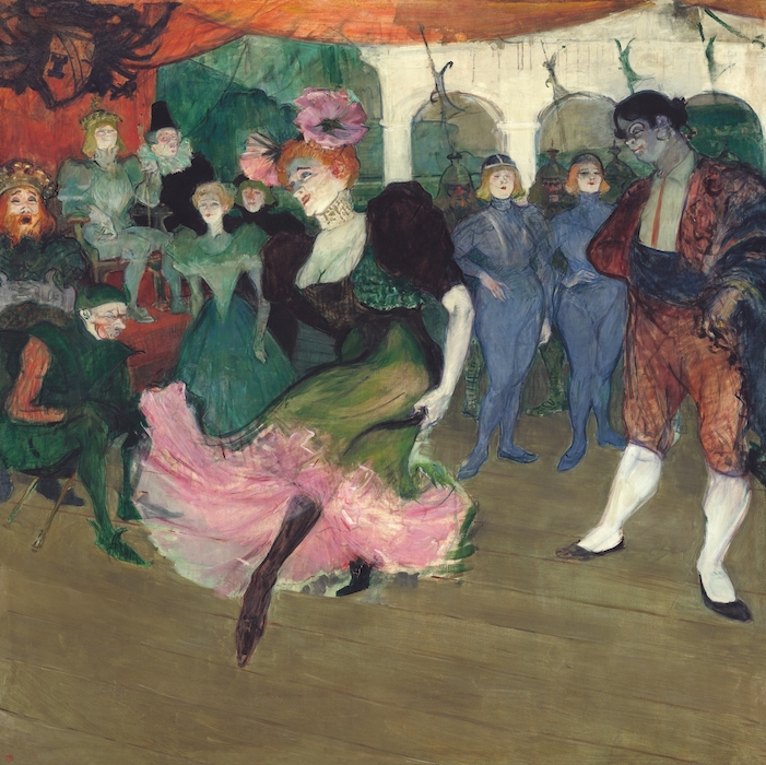 Henri de Toulouse-Lautrec, Marcelle Lender Dancing the Bolero in Chilpéric showing a dancer with a large skirt dancing at a dance hall with a crowd behind her