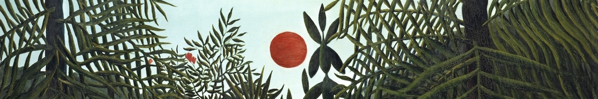 Jungle with green trees and a red sun