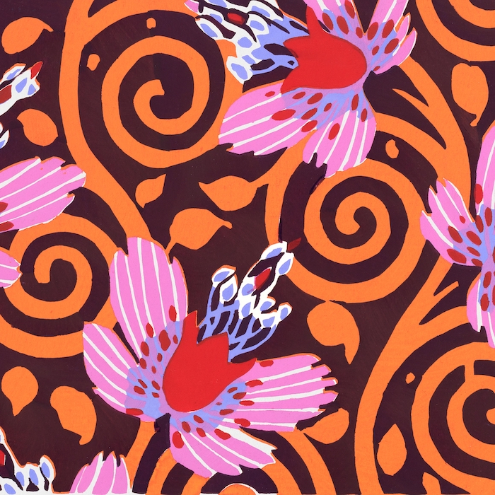 E. A. Séguy, Vintage flower patterns showing abstract pink flowers with red centers on a background of an orange spiral with brown background