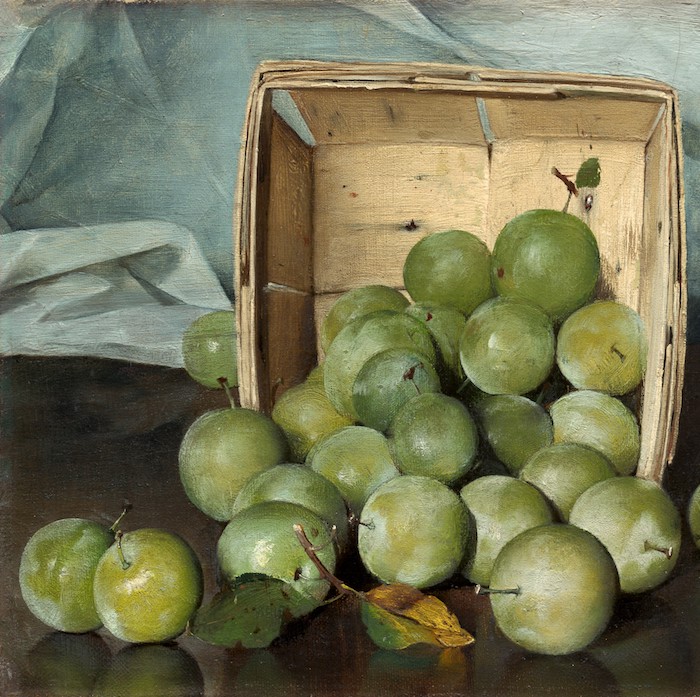 Joseph Decker, Green Plums showing several green plums on a brown table