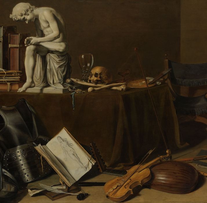 Pieter Claesz, Vanitas Still Life with the Spinario showing a still life with a book, statue, violin, skull, and other items arranged in a room