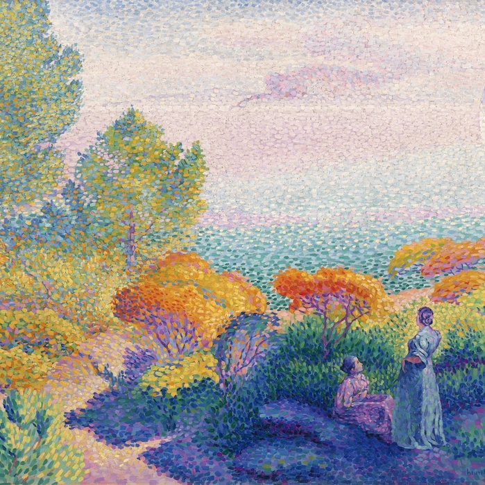 Henri Edmond Cross, Two Women by the Shore, Mediterranean, a painting of colorful dots making up a painting of a garden with two women