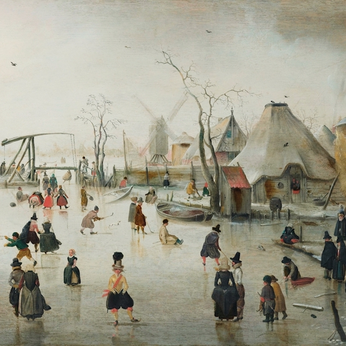 Hendrick Avercamp, Ice-skating in a Village showing a town of people skating on a frozen lake