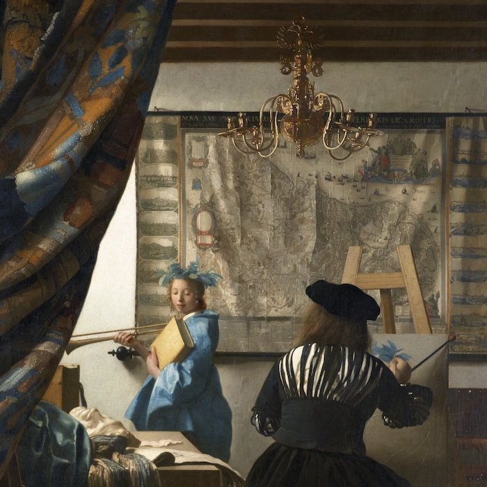 Johannes Vermeer, The Allegory of Painting, a woman holding an instrument at a window and a man turned away from us painting her