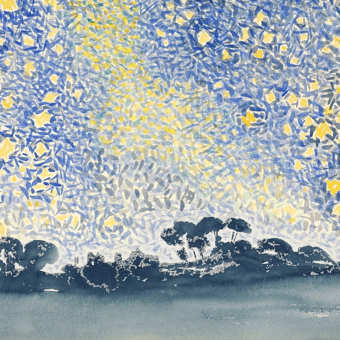 Henri-Edmond Cross, Landscape with Stars, a painting of blue and yellow dots making up the night sky