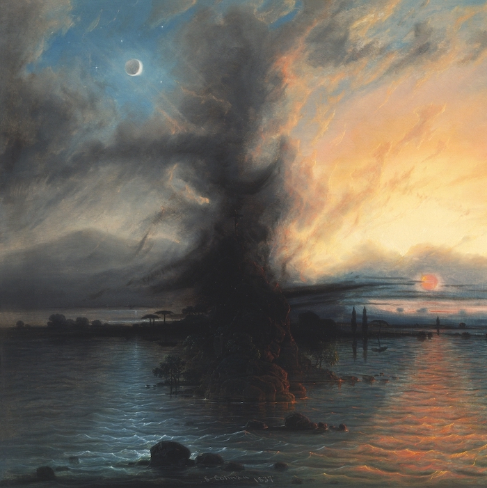 Samuel Colman, The Rock of Salvation showing a sunset with dark clouds at a beach