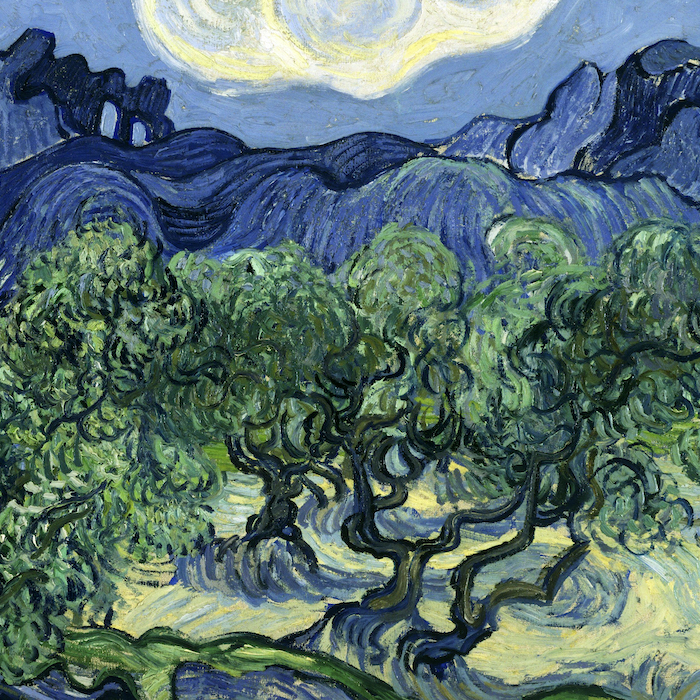 Vincent van Gogh, The Olive Trees showing olive trees against a blue background and a bright sun