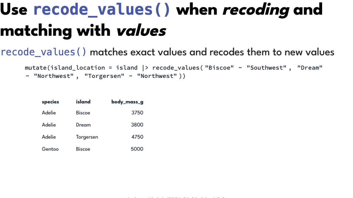 Animation: mutate(island_location = island |> recode_values("Biscoe" ~ "Southwest", "Dream" ~ "Northwest", "Torgersen" ~ "Northwest")) filling the new column.